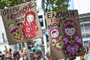 Proteste gegen das Anti-Homosexuellen Gesetz in Russland während der Winterspiele in Sotschi